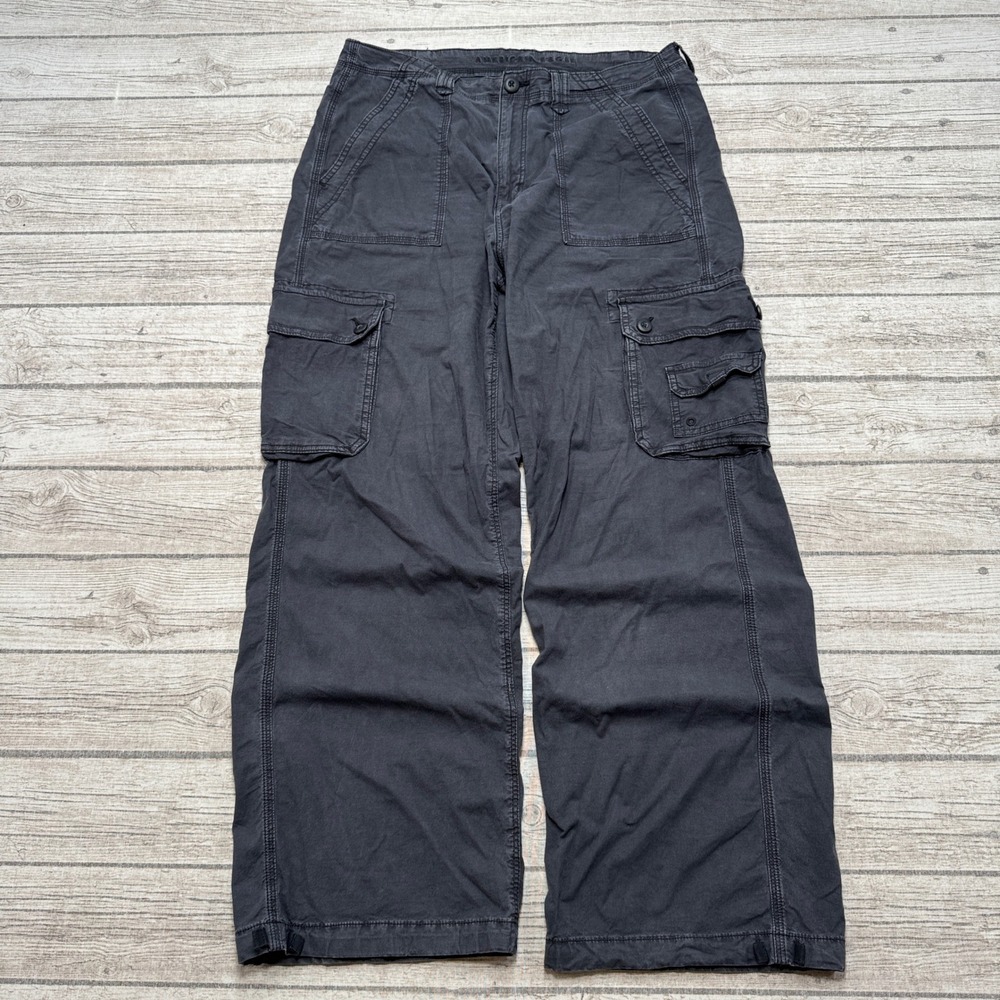 Y2K American Eagle Cargo Pants Womens 34 Gray Stretch Wide Leg Baggy Fit Utility